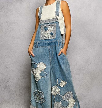 POL Clothing Inc Embroidered Flower Patchwork Overalls By: POL