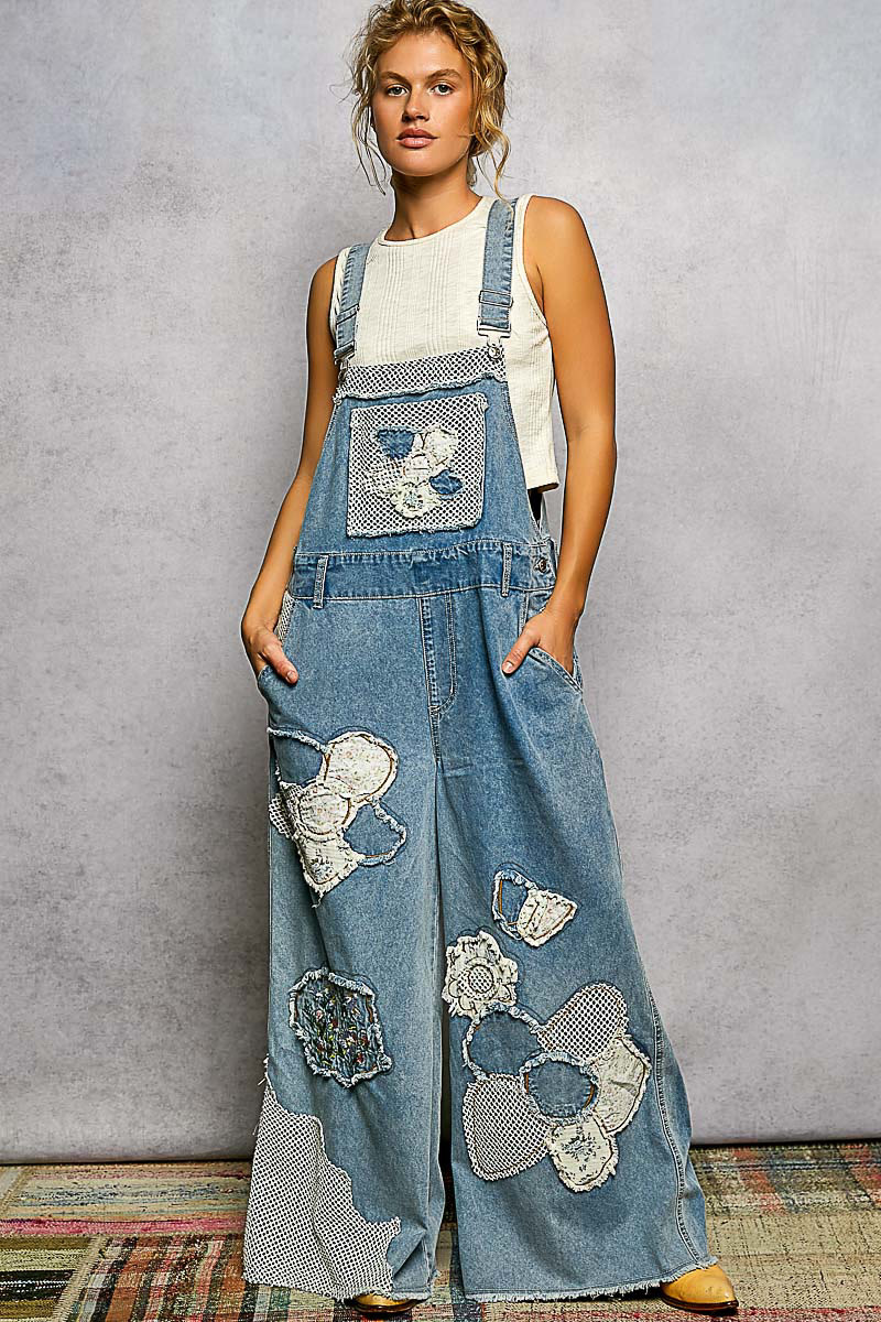 POL Clothing Inc Embroidered Flower Patchwork Overalls By: POL