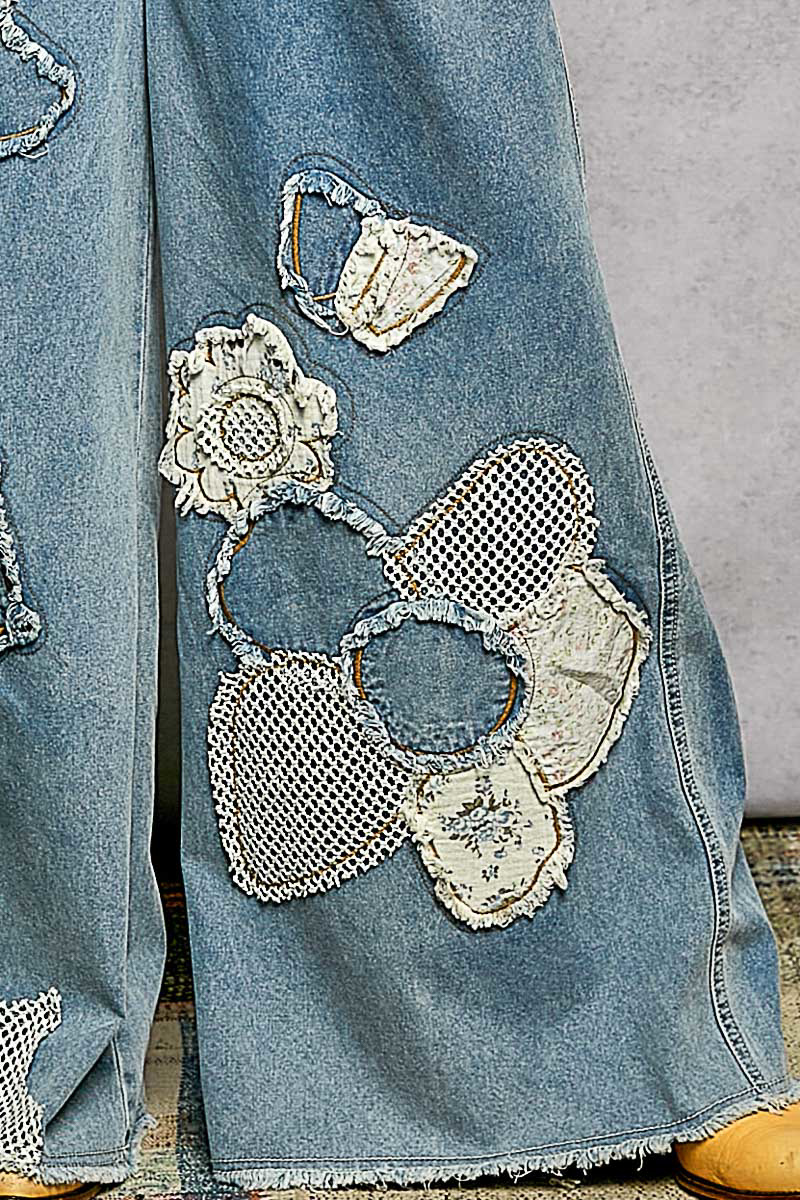 POL Clothing Inc Embroidered Flower Patchwork Overalls By: POL
