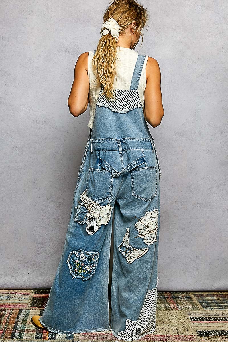 POL Clothing Inc Embroidered Flower Patchwork Overalls By: POL