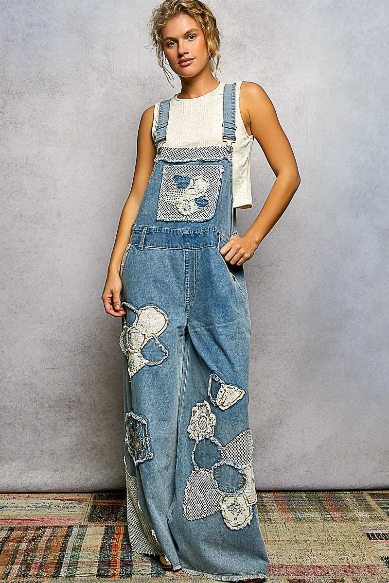 POL Clothing Inc Embroidered Flower Patchwork Overalls By: POL