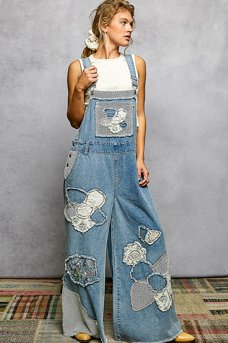 POL Clothing Inc Embroidered Flower Patchwork Overalls By: POL