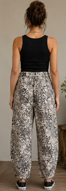 Easel Animal Print Denim Barrel Pant By: Easel