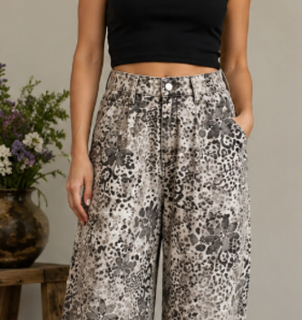 Easel Animal Print Denim Barrel Pant By: Easel