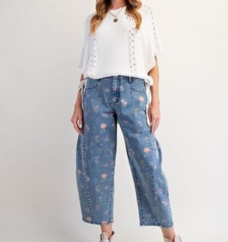 Easel Flower Print Washed Denim Barrel Pant By: Easel