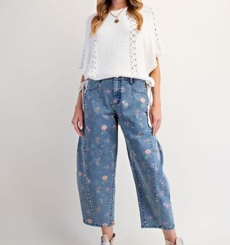 Easel Flower Print Washed Denim Barrel Pant By: Easel