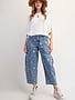 Easel Flower Print Washed Denim Barrel Pant By: Easel