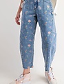 Easel Flower Print Washed Denim Barrel Pant By: Easel