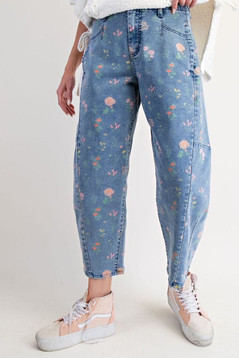 Easel Flower Print Washed Denim Barrel Pant By: Easel