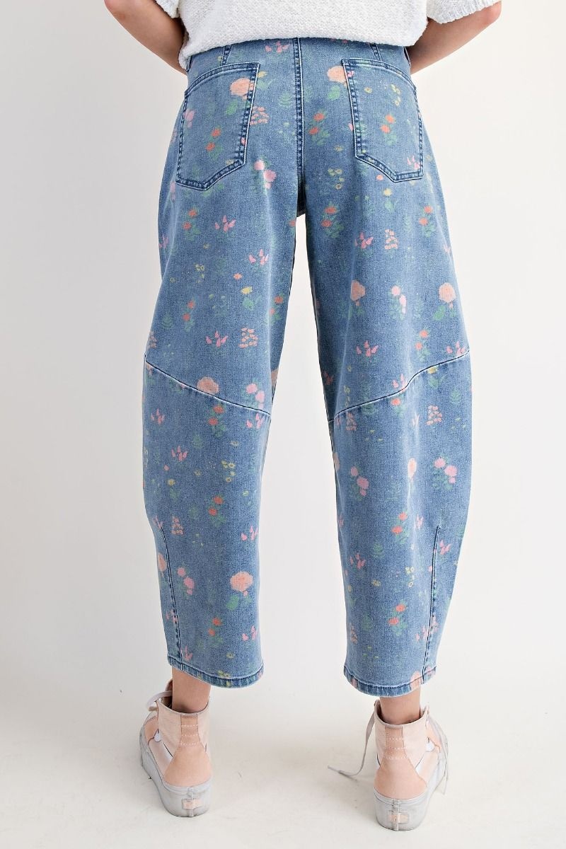 Easel Flower Print Washed Denim Barrel Pant By: Easel