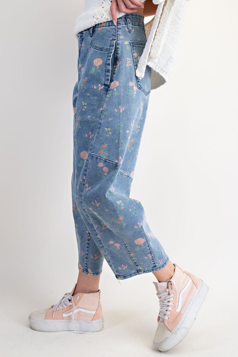 Easel Flower Print Washed Denim Barrel Pant By: Easel