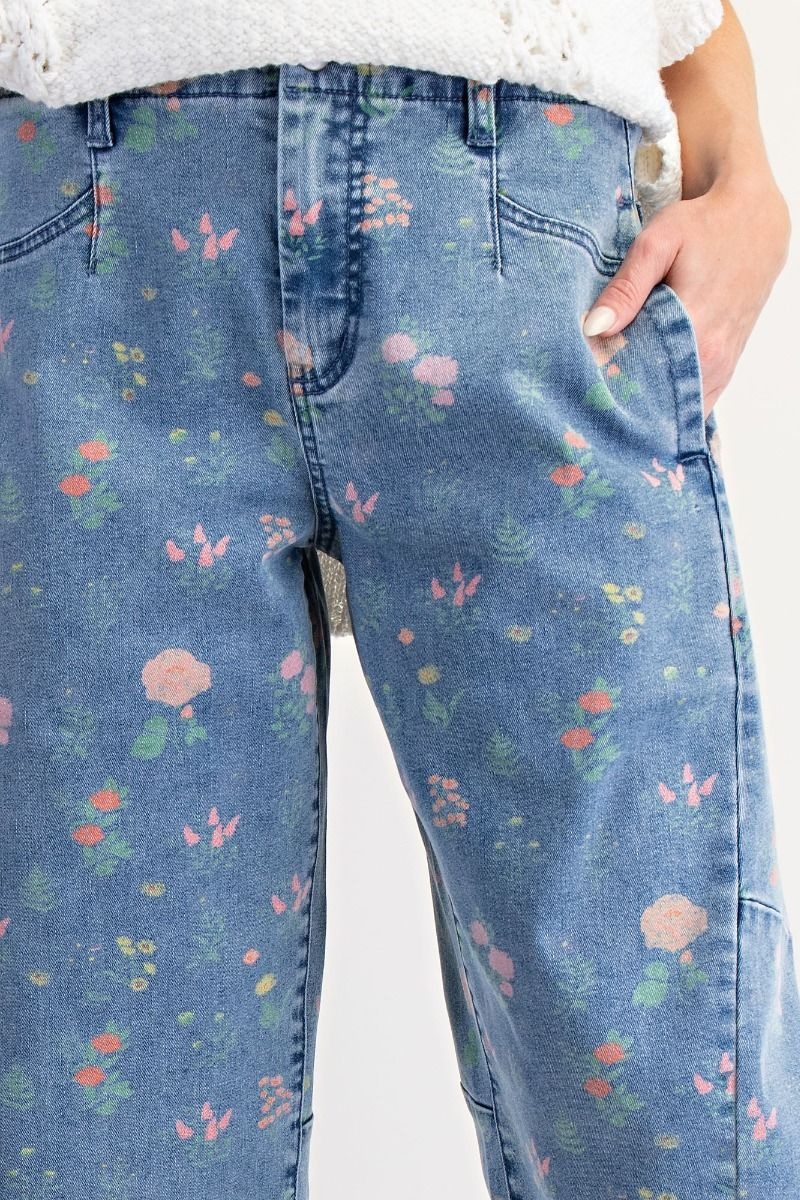 Easel Flower Print Washed Denim Barrel Pant By: Easel