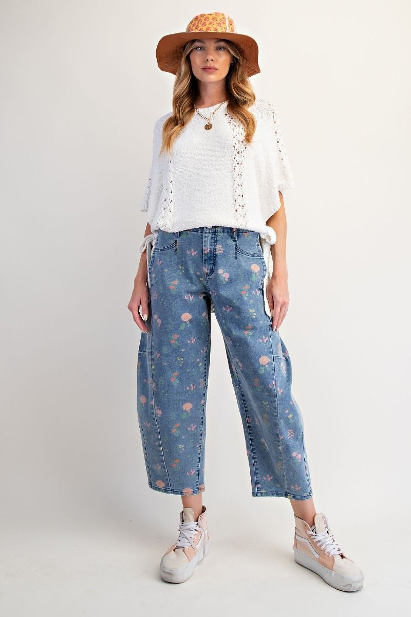 Easel Flower Print Washed Denim Barrel Pant By: Easel