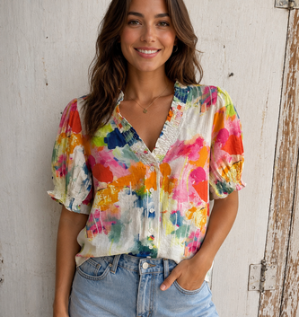 Watercolor Cloudburst V-neck Blouse By: Lior Paris