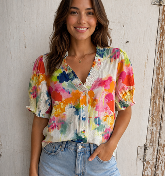 Watercolor Cloudburst V-neck Blouse By: Lior Paris
