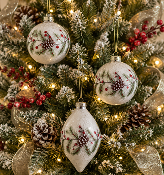 Glass Snowy Pine & Beaded Berry Ornament (3-Styles)