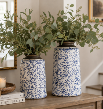 White Crackle Vase With Blue Vines (2-Sizes)