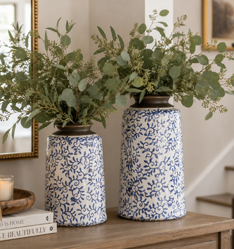 White Crackle Vase With Blue Vines (2-Sizes)