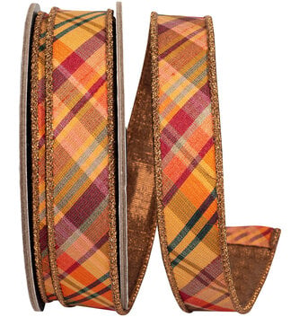 Fall Diagonal Metallic Backed Wired Edge Ribbon (2 Widths)
