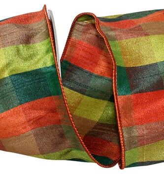 4" x 10 Yards Multi Plaid Fall Dupioni Wired Edge Ribbon