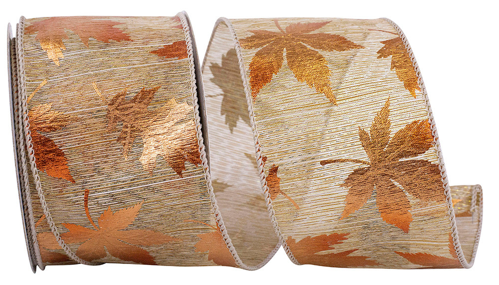 2.5" x 10 Yards Metallic Raised Natural Leaf Wired Edge Ribbon
