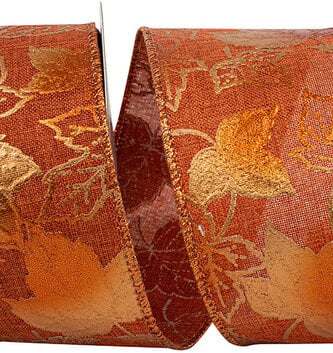 2.5" x 10 Yards Metallic Raised Leaf Rust Wired Edge Ribbon