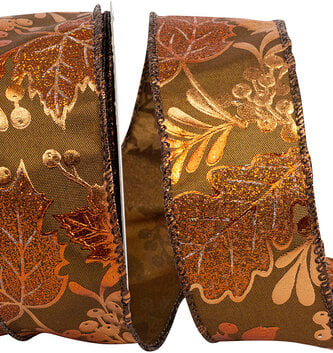 1.5" x 10 Yards Leaves & Acorn Metallic Wired Edge Ribbon