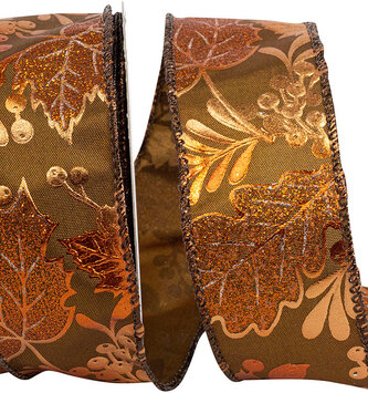1.5" x 10 Yards Leaves & Acorn Metallic Wired Edge Ribbon