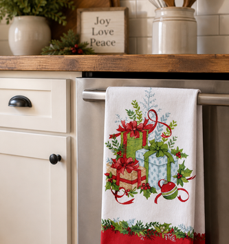 Christmas Morning Gifts & Greenery Towel