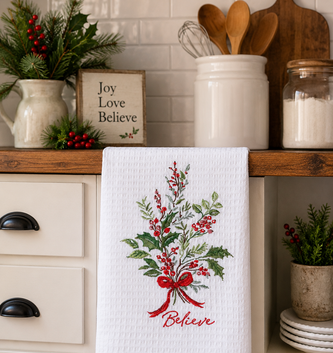Embroidered Believe Holly Bouquet Towel