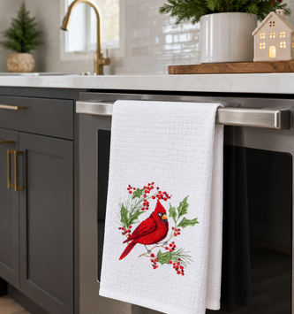 Embroidered  Cardinal & Holly Towel