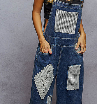 POL Clothing Inc Denim Overall w/ Crocheted Patches By: POL
