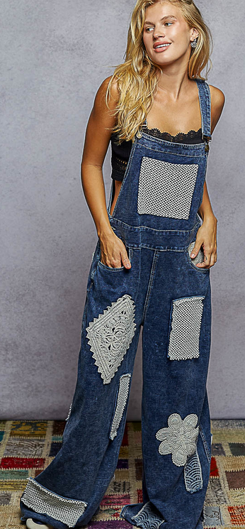 POL Clothing Inc Denim Overall w/ Crocheted Patches By: POL