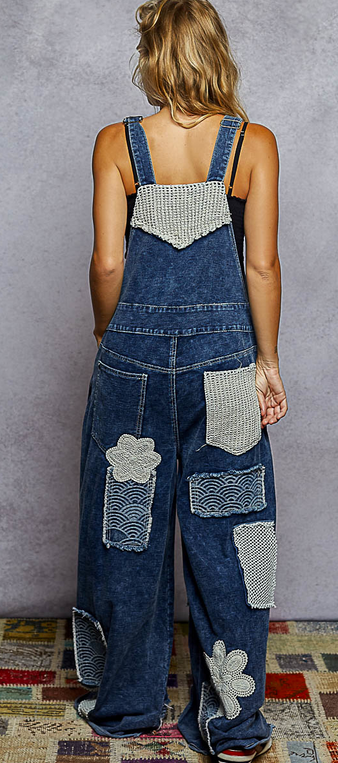 POL Clothing Inc Denim Overall w/ Crocheted Patches By: POL
