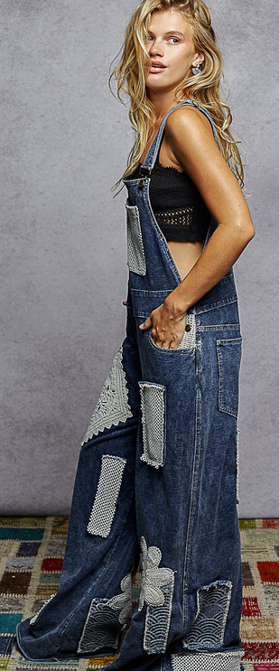 POL Clothing Inc Denim Overall w/ Crocheted Patches By: POL