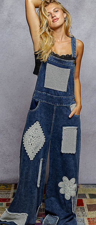 POL Clothing Inc Denim Overall w/ Crocheted Patches By: POL