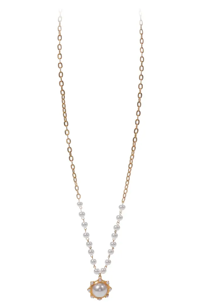 Gold Oval Chain Necklace w/ Large Pearl Pendant