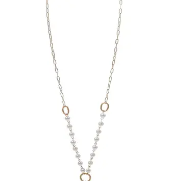 Pearl Accent Chain Necklace w/ Pointed Oval Crystal