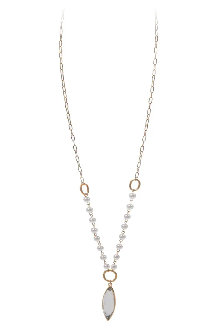 Pearl Accent Chain Necklace w/ Pointed Oval Crystal