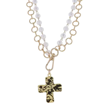 Double Strand Gold Chain & White Bead Necklace w/ Cross