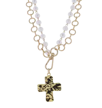 Double Strand Gold Chain & White Bead Necklace w/ Cross