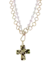 Double Strand Gold Chain & White Bead Necklace w/ Cross