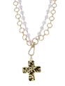 Double Strand Gold Chain & White Bead Necklace w/ Cross