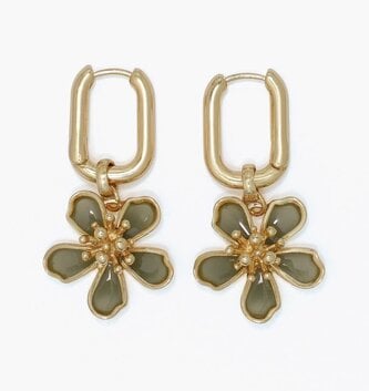 Gold Hoops w/ Green Flower Earrings