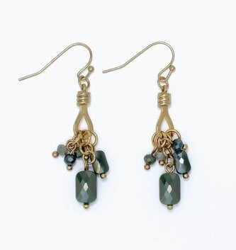 Gold & Faceted Green Bead Cluster Earrings