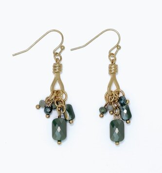Gold & Faceted Green Bead Cluster Earrings