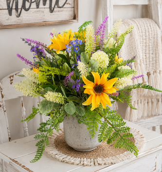 Custom Black Eyed Susan & Forget Me Not in Textured Container
