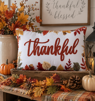 Embroidered Thankful Leaves Pillow