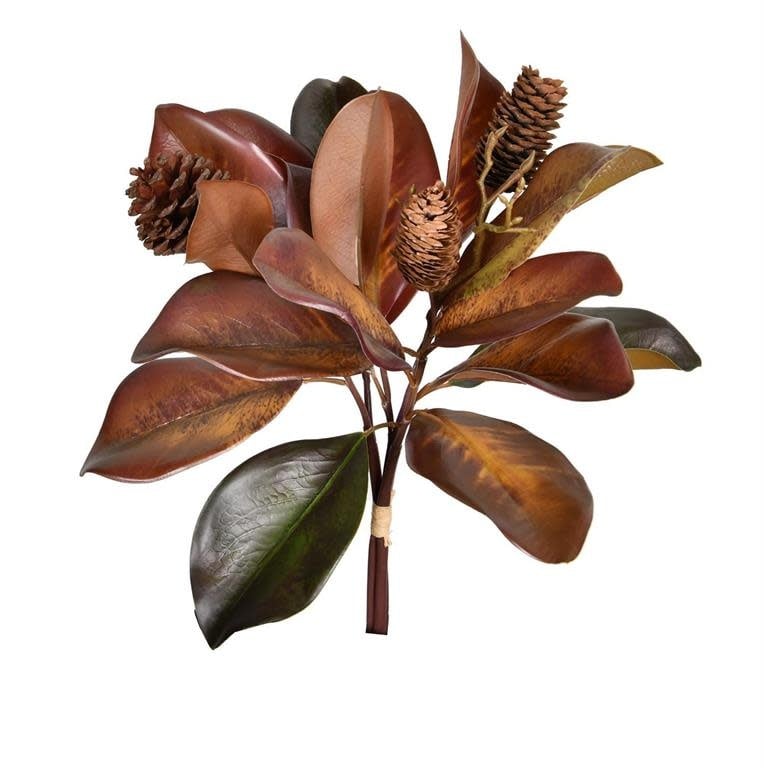 Fall Magnolia Leaf Bundle w/ Pinecone 17" Brown