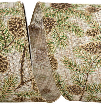 2.5" x 10 Yards Linen Pinecone Glitter Wired Edge Ribbon